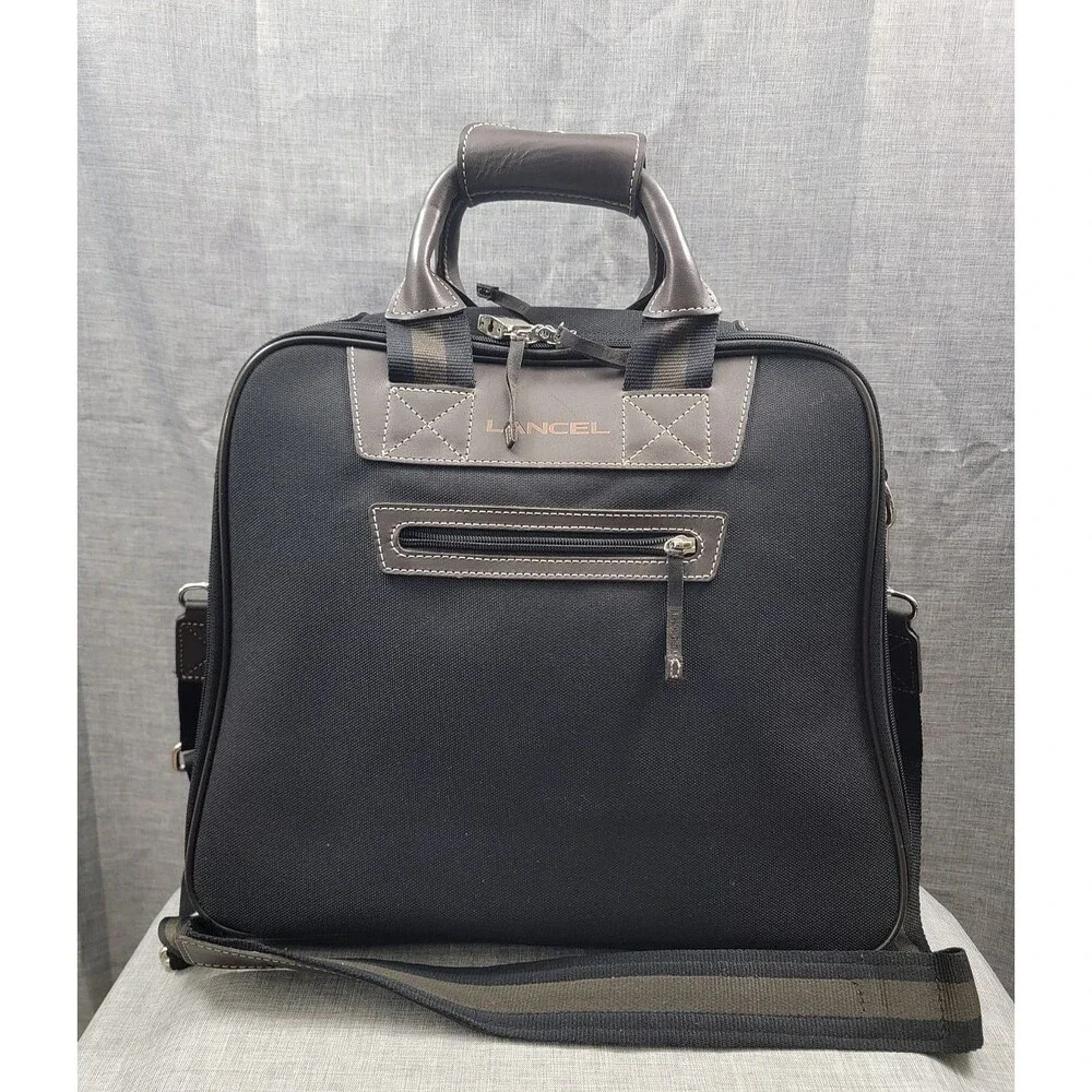 Lancel Laptop Briefcase Carry-On Travel Shoulder Bag - Canvas Leather Trim